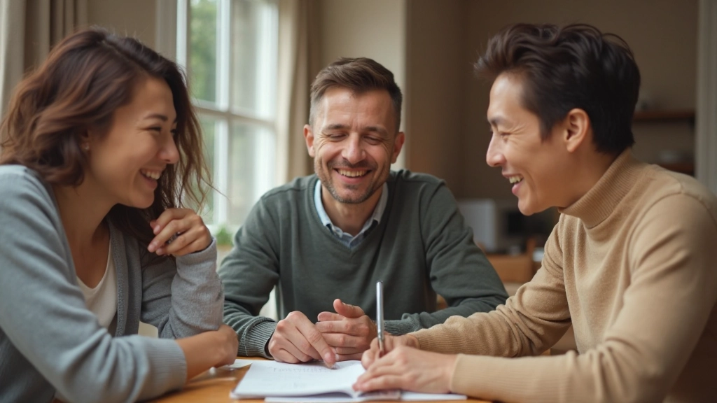 Семья обсуждает финансовые планы за столом с документами и калькулятором