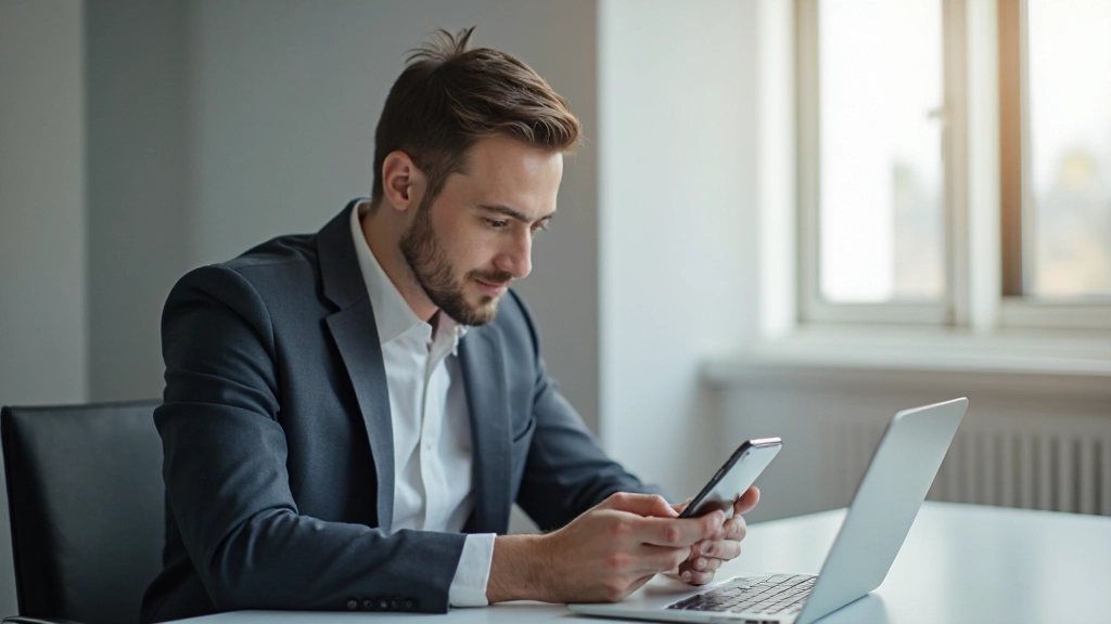 Профессиональный снимок рабочего стола с мобильным телефоном, показывающим приложение для отслеживания расходов, ноутбуком и чашкой кофе