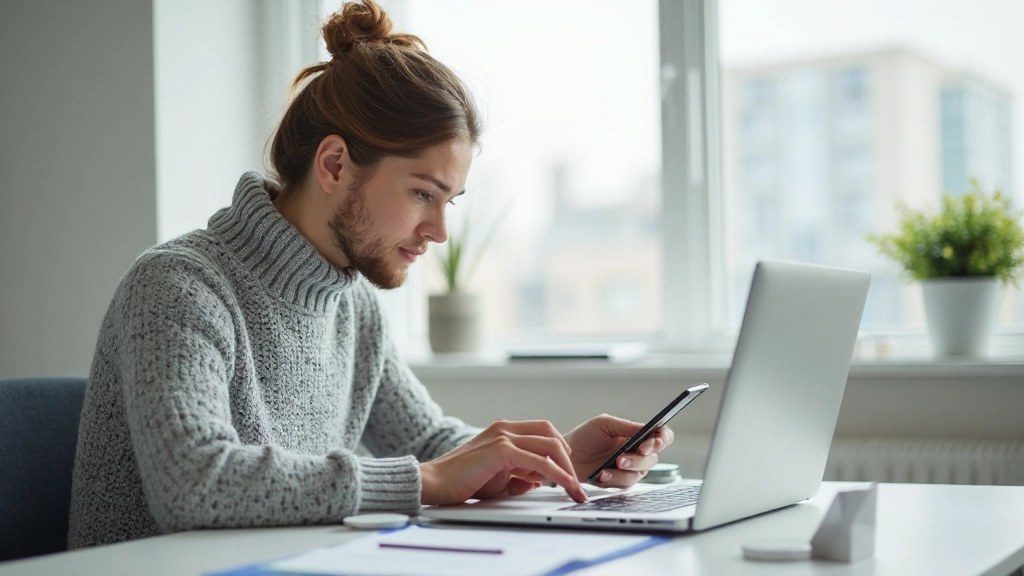 Рабочий стол с ноутбуком показывающим финансовое приложение, планшет и смартфон