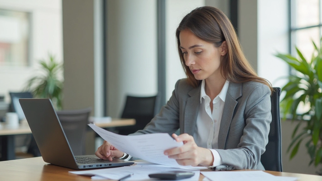 Профессиональный рабочий стол с финансовыми документами и расчётами